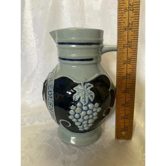 1 Liter Wine Pitcher German Glazed Blue Gray Trink Aus Stein Den Edlen Wein VGUC - Picture 9 of 14